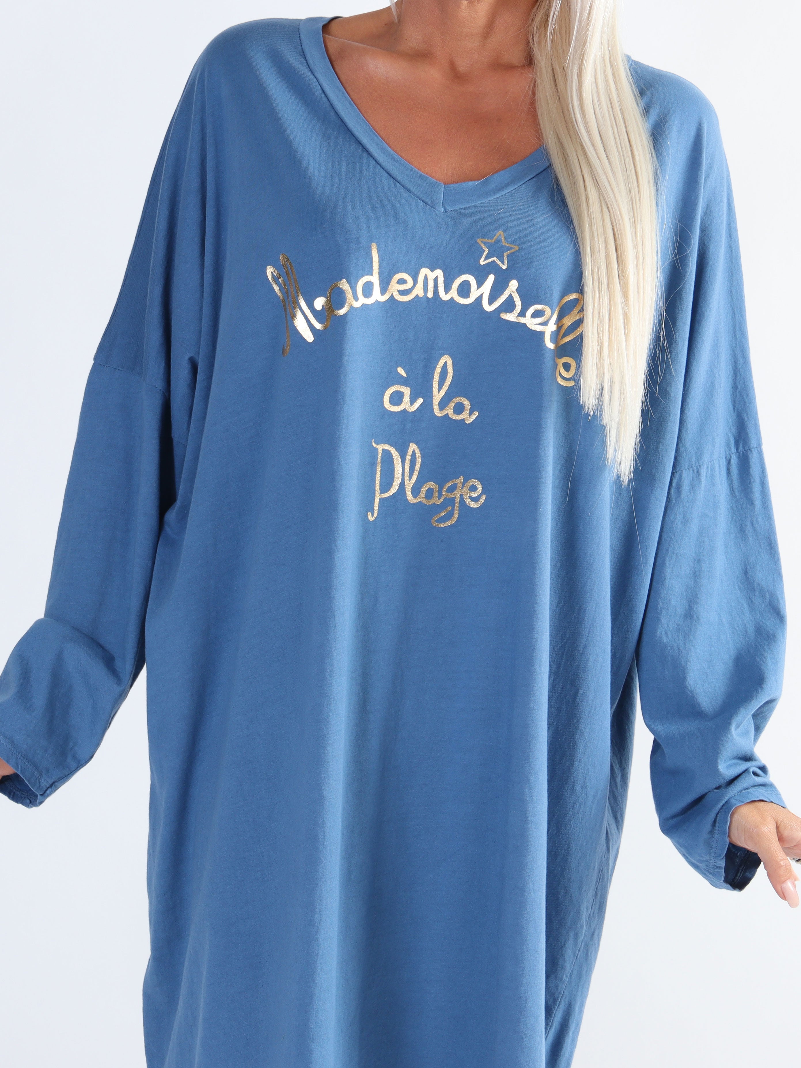 Bree Long Sleeve - Plus size kjole i bomuld med guld tekst foran